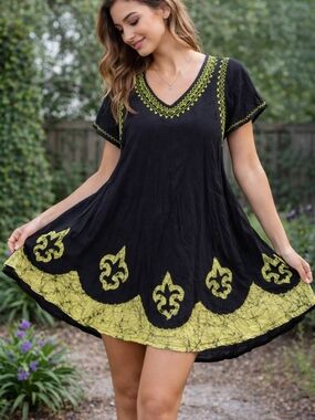Boho Rayon Babydoll Dress Black Embroidered Chartreuse Fleur-de-Lis Accents